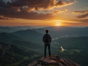 Homem com mochila em montanha ao pôr do sol, representando, sucesso, superação e desenvolvimento de mindset inabalável.