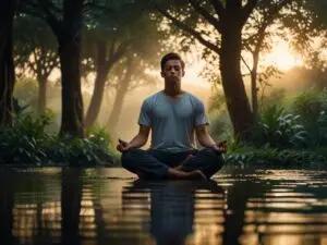 Imagem de uma pessoa meditando em um ambiente calmo, com luz suave, representando a reprogramação mental e o foco no sucesso.