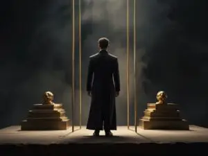 Imagem representando a superação de crenças limitantes: homem vestido em preto, com cenário escuro, poeira, pilar e estátua dourada, simbolizando força, confiança e sucesso na jornada de transformação pessoal.