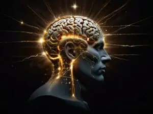 Imagem surreal da Lei da Atração, com um cérebro estilizado irradiando conexões douradas, simbolizando o poder do pensamento e a atração do universo