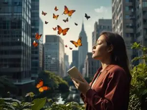 Mulher com a Bíblia nas mãos em um bosque, com prédios ao fundo e borboletas, simbolizando prosperidade, equilíbrio entre fé e crescimento urbano.