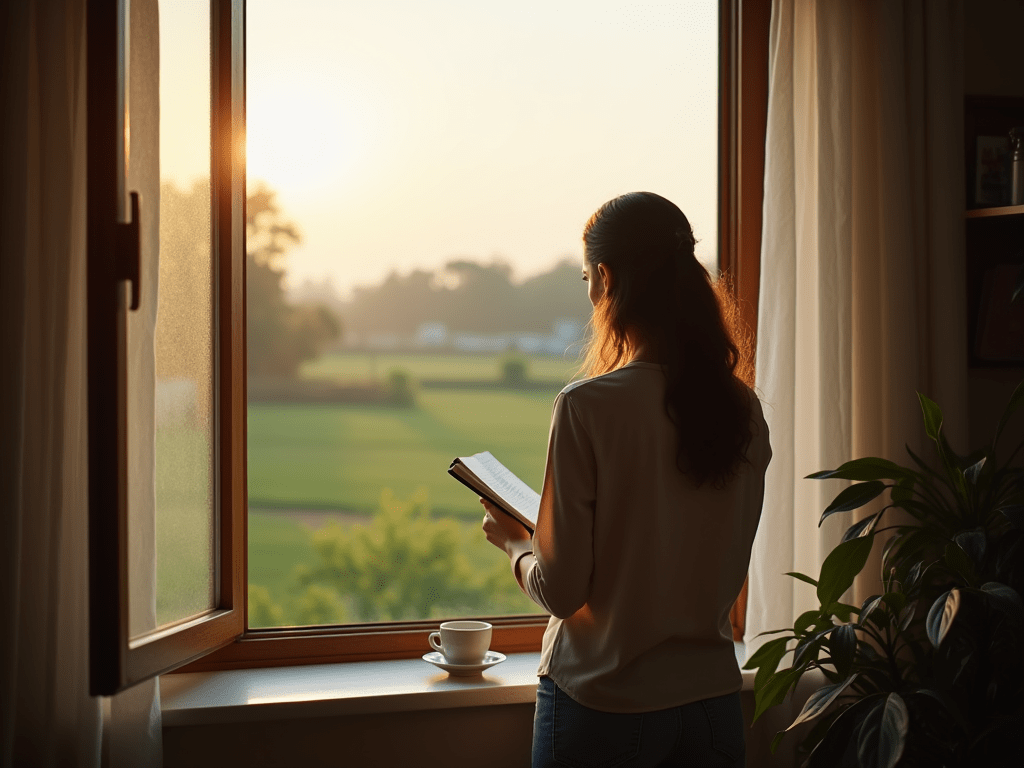 Pessoa refletindo ao amanhecer, segurando um caderno, simbolizando a espiritualidade na prosperidade financeira e equilíbrio pessoal.