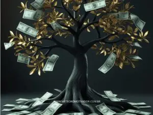 Árvore de dinheiro com detalhes dourados simbolizando prosperidade financeira