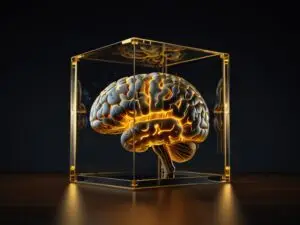 Desenvolvimento pessoal e mudança representado por cérebro flutuando em estufa futurista com foco luz dourada e transformacão interior