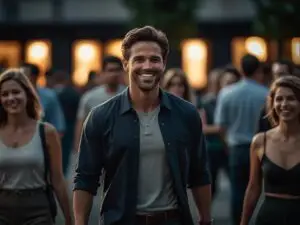 Homem confiante e carismático caminhando entre uma multidão, representando como ser mais magnético em qualquer ambiente