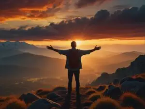 Homem em pose de gratidão e abundância, de braços abertos em montanha ao pôr do sol, celebrando a vida. Expressão de gratidão e prosperidade, cores douradas e alaranjadas do sol poente, simbolizando a abundância e a beleza da natureza. Ideal para o artigo sobre como a gratidão atrai abundância e uma vida extraordinária