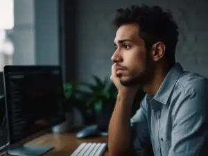 Homem refletindo diante do computador, simbolizando a luta contra a procrastinação e sendo limitantes