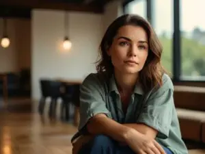 Mulher sentada pensativa perto de janelas simbolizando lembranças do passado e crenças limitantes que influenciam sua vida atual. crença limitante