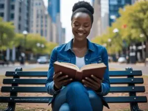 Mulher sorrindo, lendo um livro em um banco de praça, simbolizando autoconhecimento e prosperidade