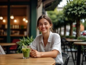 Mulher tranquila e feliz tomando um suco verde, focada em alimentos que reduzem a ansiedade, promovendo bem-estar e equilíbrio emocional