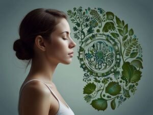 Pessoa meditando, com elementos de saúde mental e bem-estar, simbolizando o foco no equilíbrio entre corpo e mente