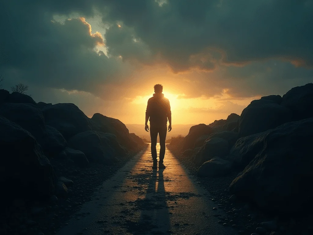 Mentalidade próspera representada por uma pessoa contemplando uma encruzilhada ao pôr do sol, simbolizando o caminho para enriquecer sem sofrimento e a transformação pessoal rumo à prosperidade financeira.