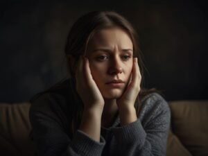 Mulher sentada no sofá com expressão de desespero e caos mental, pensando em como parar de pensar demais.